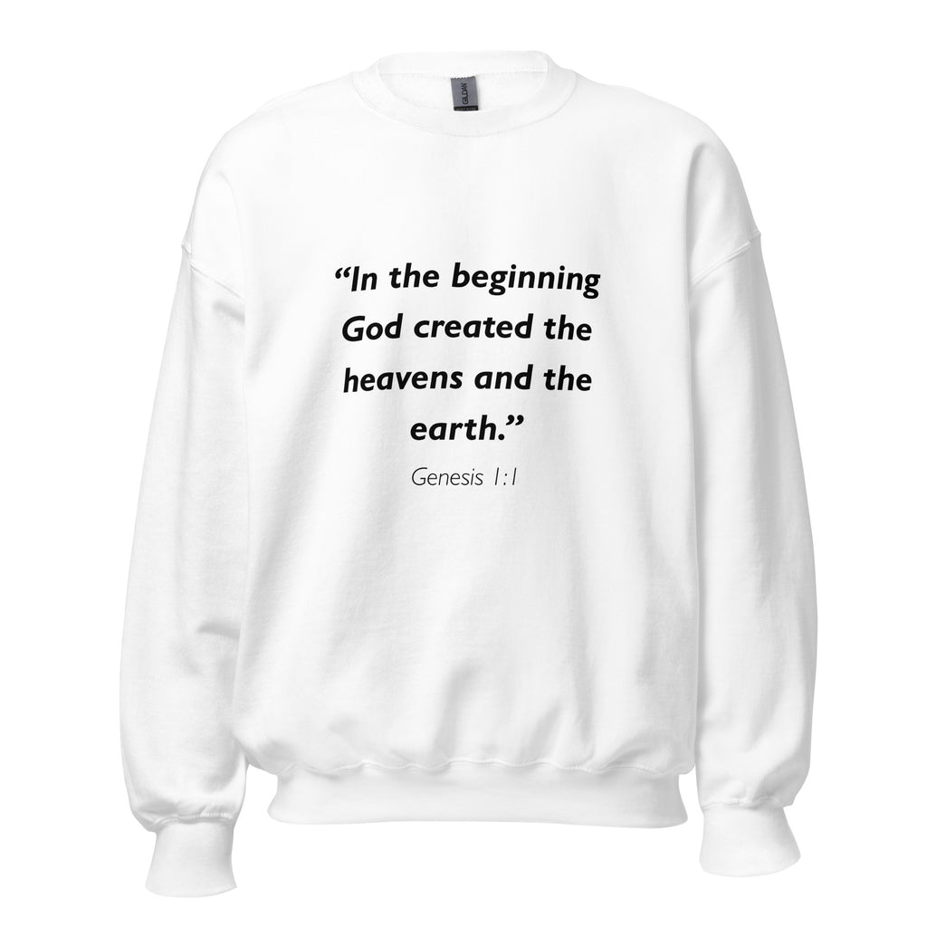 Unisex navy blue sweatshirt with Genesis 1:1 Bible verse printed in black text on front
