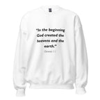 Unisex navy blue sweatshirt with Genesis 1:1 Bible verse printed in black text on front