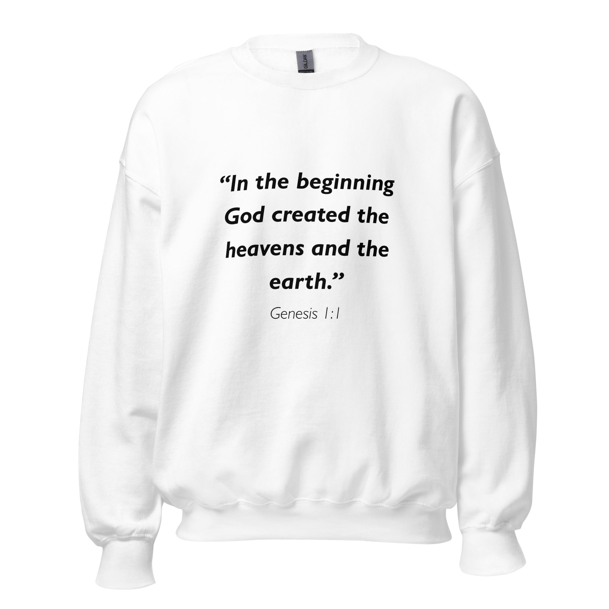 Unisex navy blue sweatshirt with Genesis 1:1 Bible verse printed in black text on front