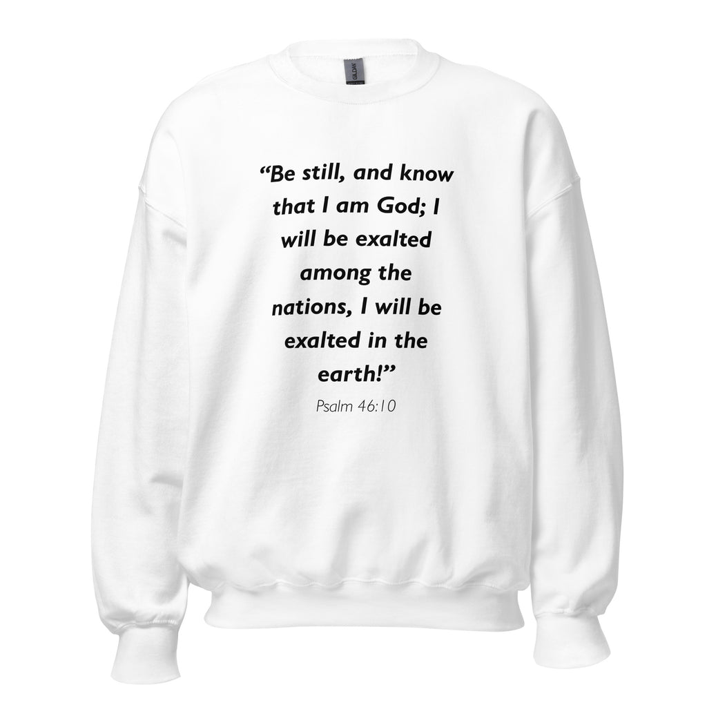 Unisex navy blue sweatshirt with Psalm 46:10 Bible verse printed in black text on front