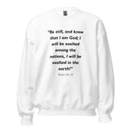 Unisex navy blue sweatshirt with Psalm 46:10 Bible verse printed in black text on front