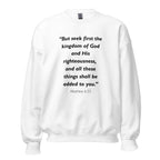 Unisex navy blue sweatshirt with Matthew 6:33 Bible verse printed in black text on front