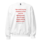 Unisex black sweatshirt with Matthew 6:33 Bible verse printed in red text on front