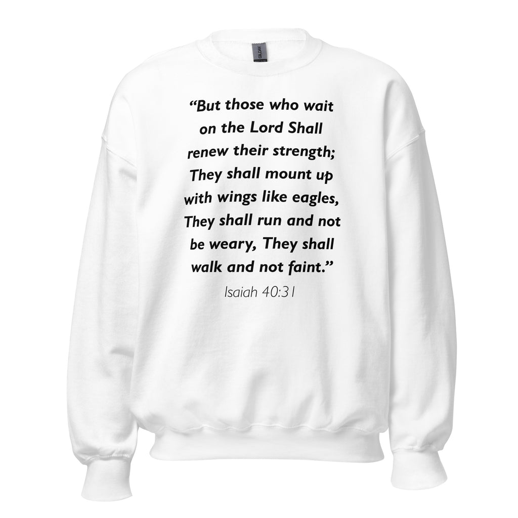Unisex navy blue sweatshirt with Isaiah 40:31 Bible verse printed in black text on front