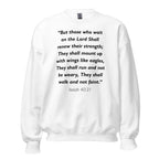 Unisex navy blue sweatshirt with Isaiah 40:31 Bible verse printed in black text on front
