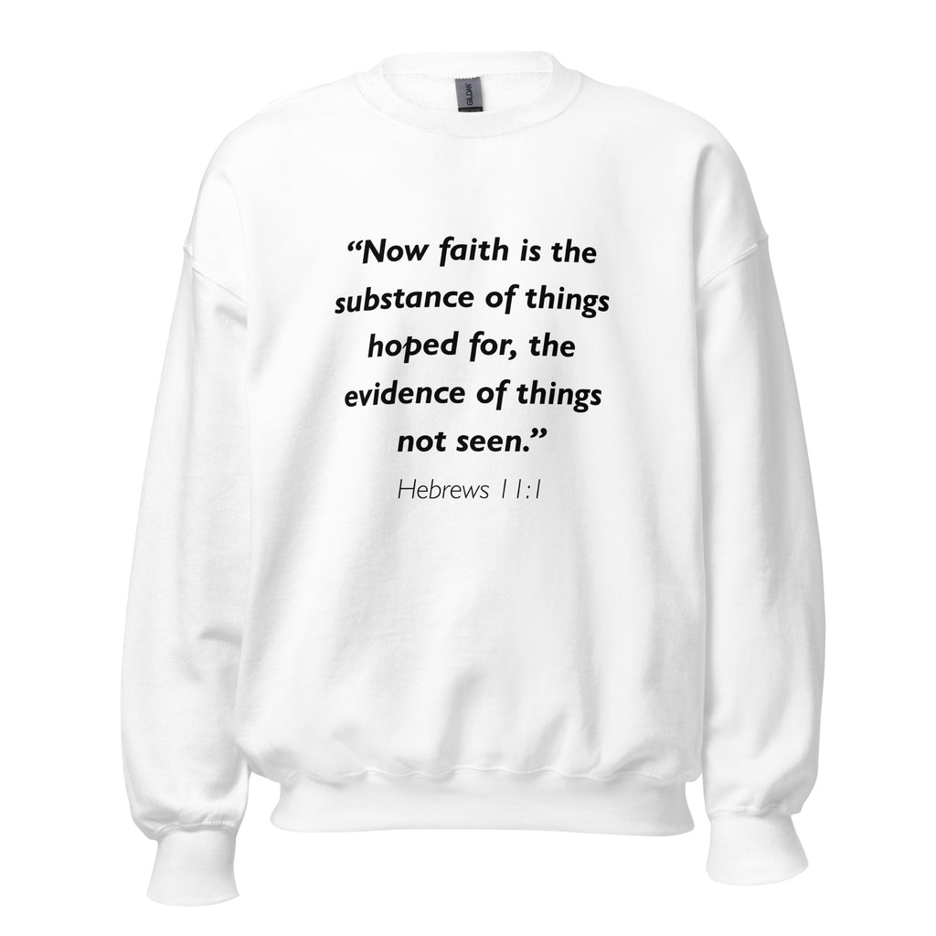 Unisex navy blue sweatshirt with Hebrews 11:1 Bible verse printed in black text on front