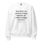 Unisex navy blue sweatshirt with Hebrews 11:1 Bible verse printed in black text on front
