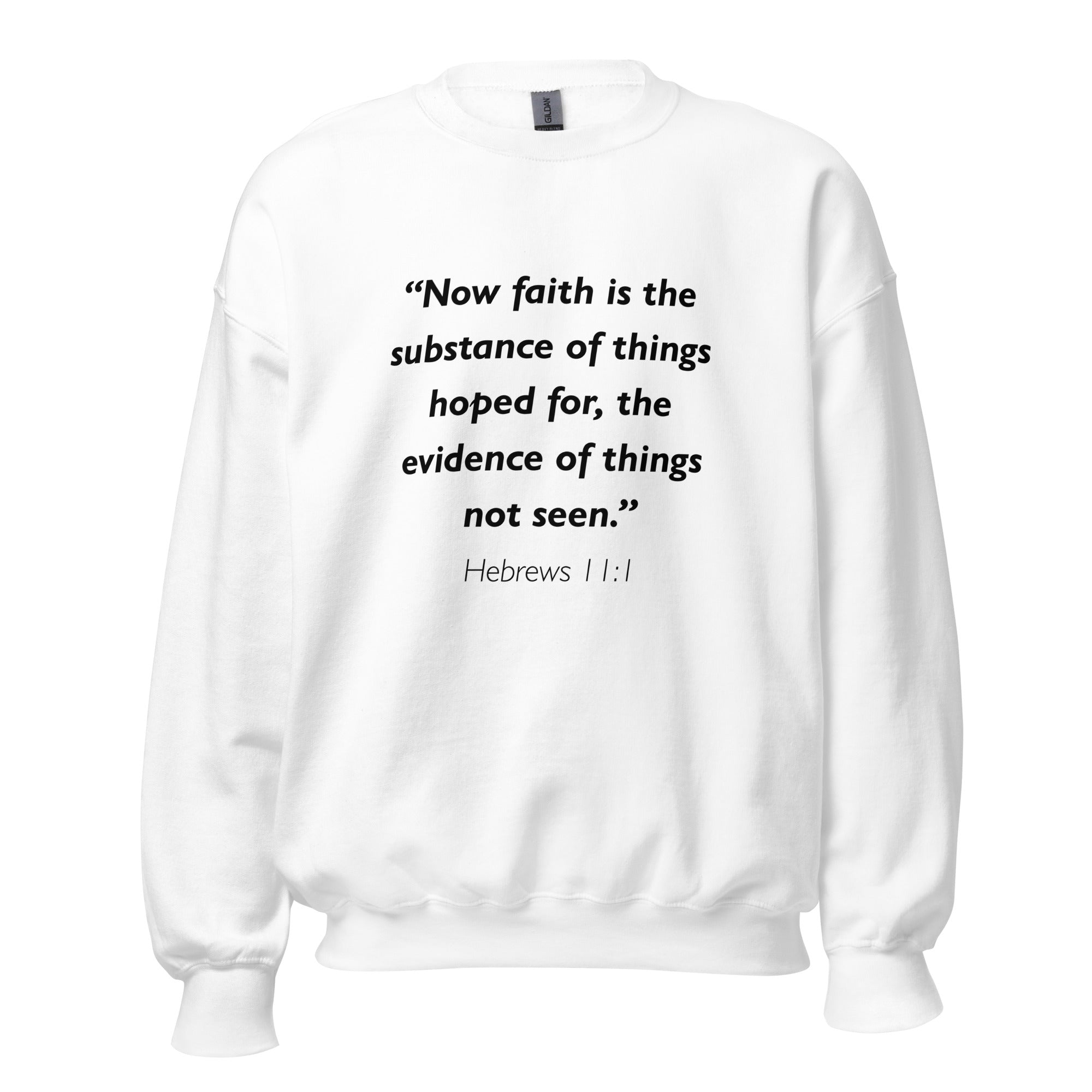 Unisex navy blue sweatshirt with Hebrews 11:1 Bible verse printed in black text on front