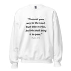 Unisex navy blue sweatshirt with Psalm 37:5 Bible verse printed in black text on front