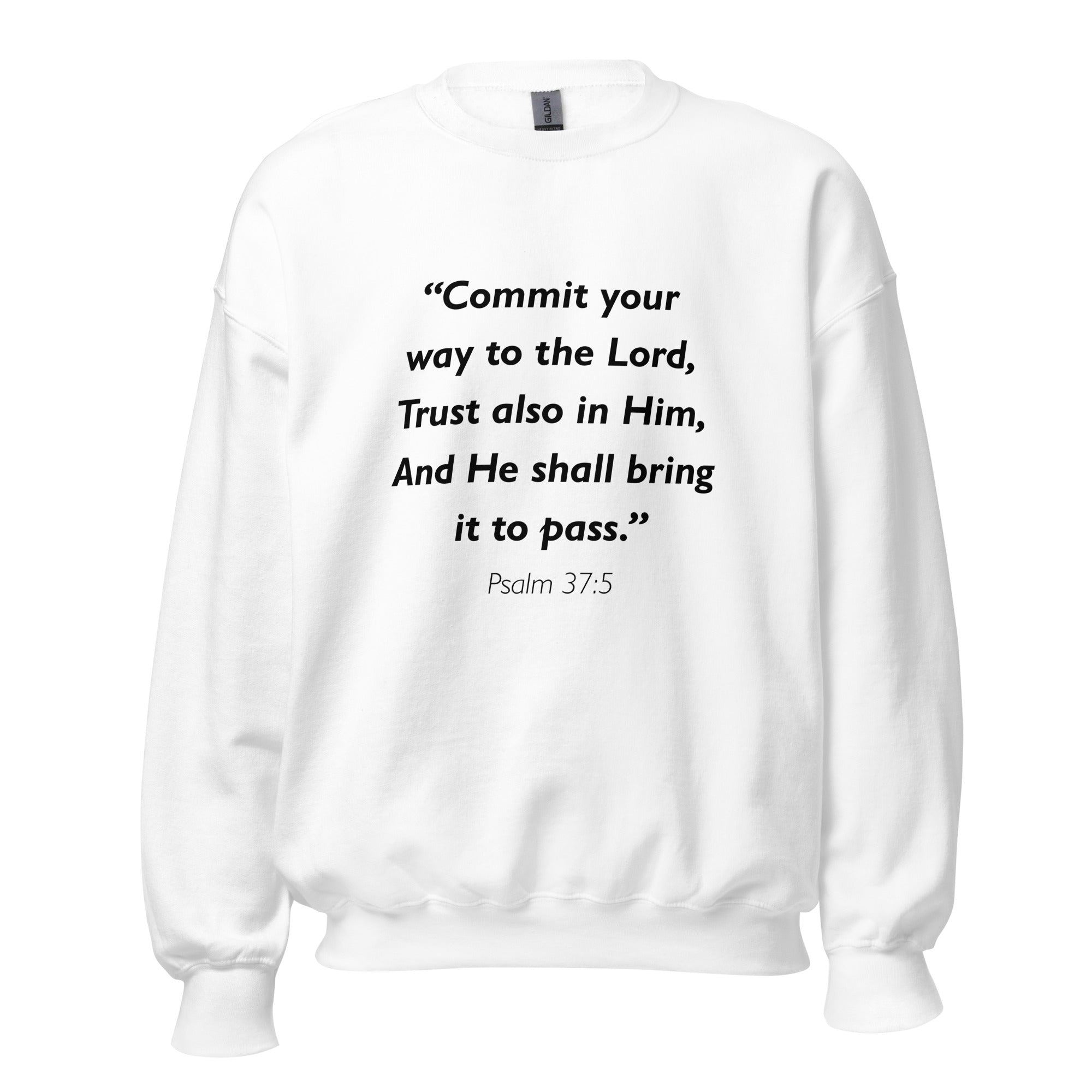 Unisex navy blue sweatshirt with Psalm 37:5 Bible verse printed in black text on front