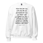 Unisex black sweatshirt with Isaiah 41:10 Bible verse printed in black text on front