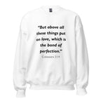 Unisex navy blue sweatshirt with Colossians 3:14 Bible verse printed in black text on front