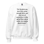 Unisex navy blue sweatshirt with Ephesians 2:8-9 Bible verse printed in black text on front