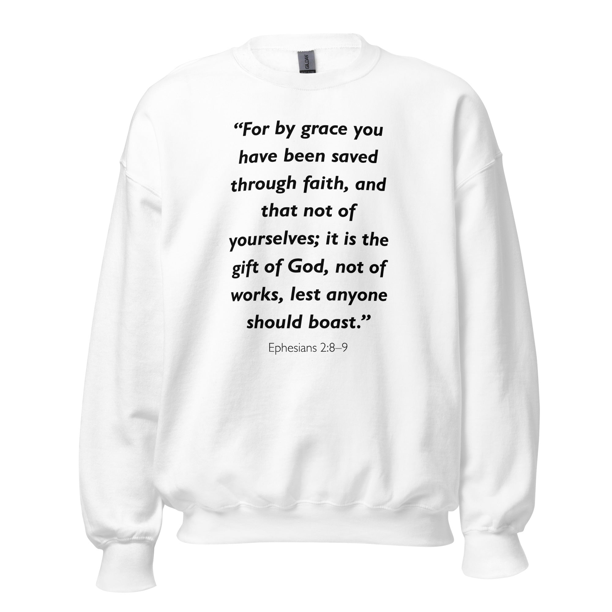 Unisex navy blue sweatshirt with Ephesians 2:8-9 Bible verse printed in black text on front