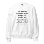 Unisex black sweatshirt with 1 Peter 4:8 Bible verse printed in black text on front