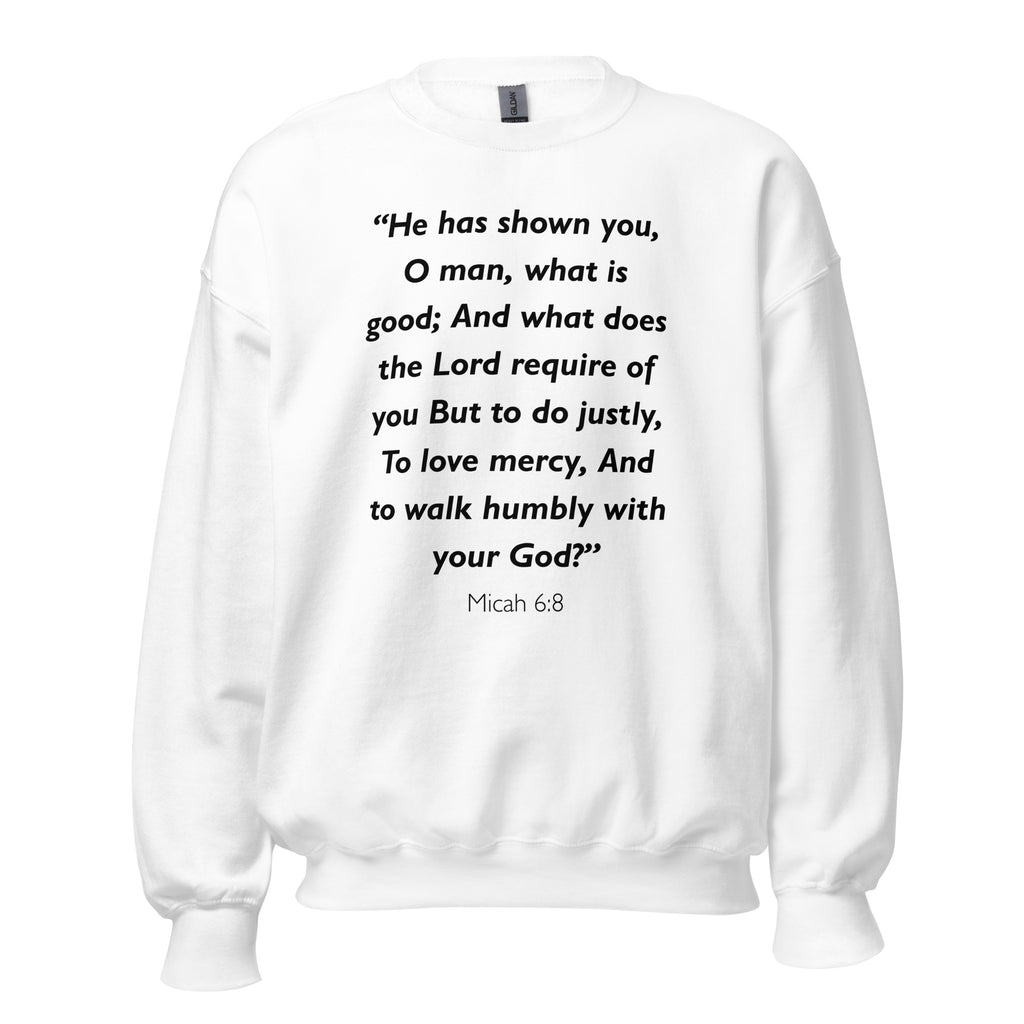 Unisex navy blue sweatshirt with Micah 6:8 Bible verse printed in black text on front
