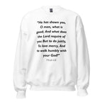 Unisex navy blue sweatshirt with Micah 6:8 Bible verse printed in black text on front