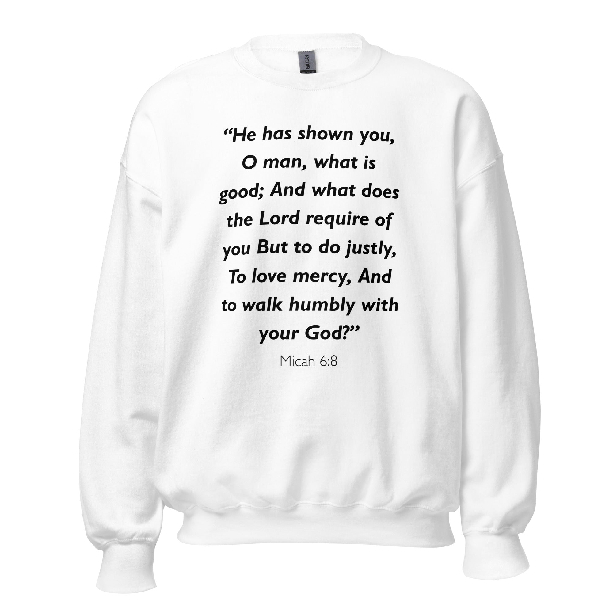 Unisex navy blue sweatshirt with Micah 6:8 Bible verse printed in black text on front