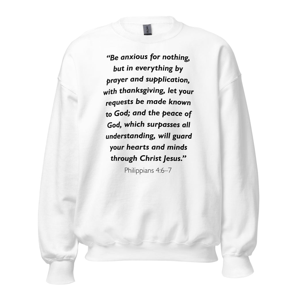 Unisex black sweatshirt with Philippians 4:6-7 Bible verse printed in black text on front