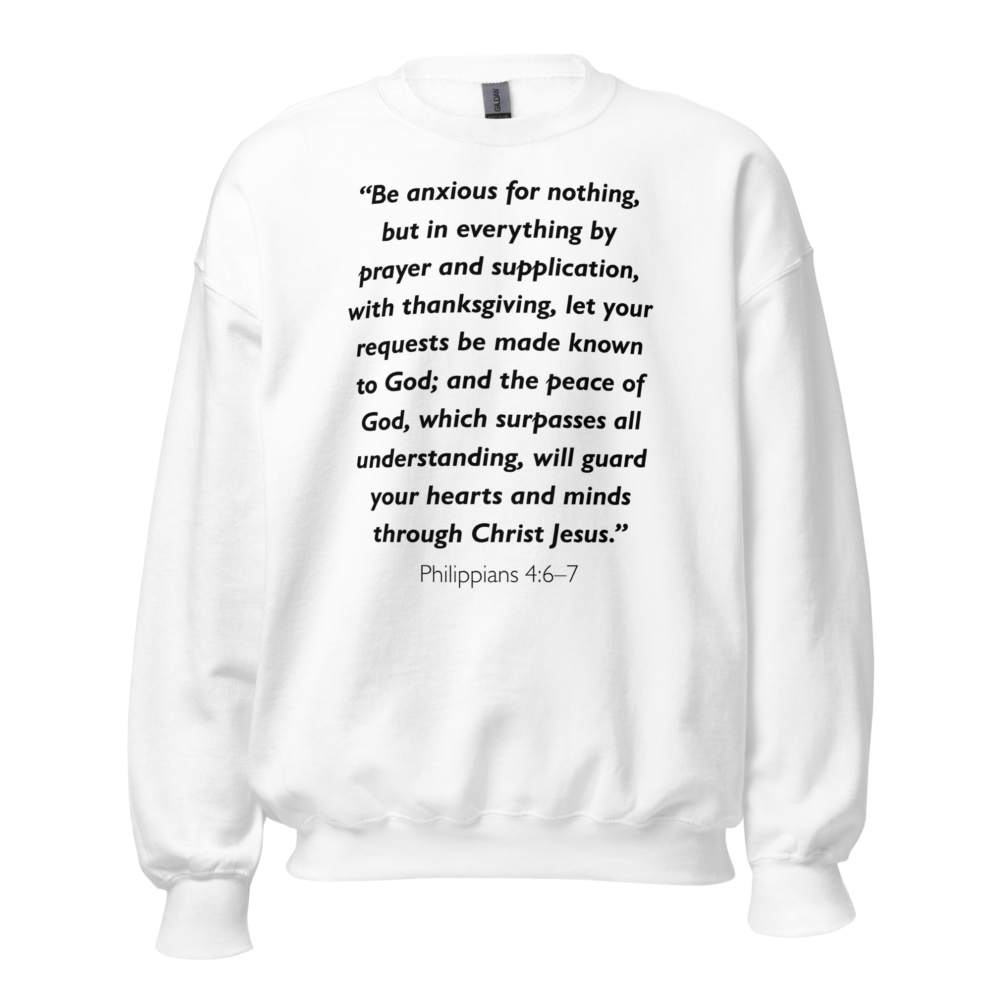 Unisex black sweatshirt with Philippians 4:6-7 Bible verse printed in black text on front