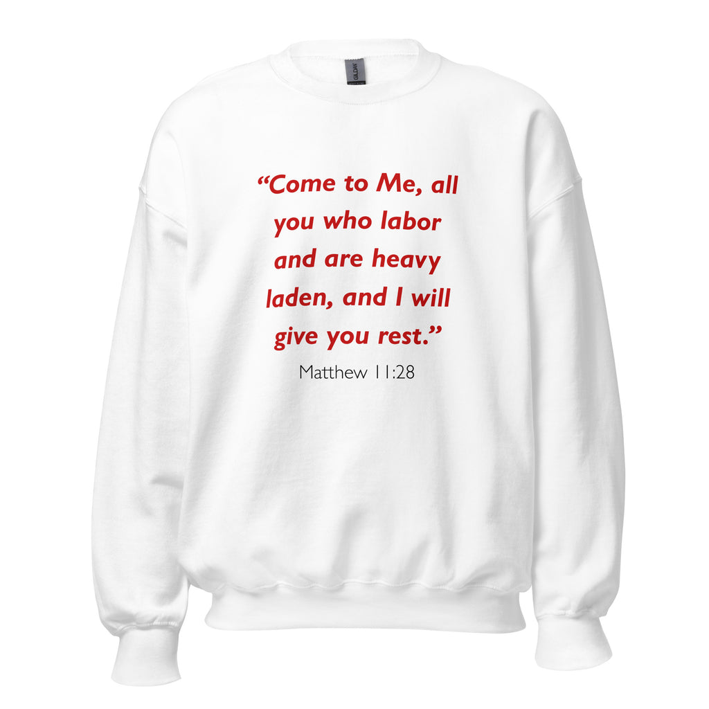 Unisex navy blue sweatshirt with Matthew 11:28 Bible verse printed in red text on front