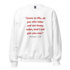 Unisex navy blue sweatshirt with Matthew 11:28 Bible verse printed in red text on front