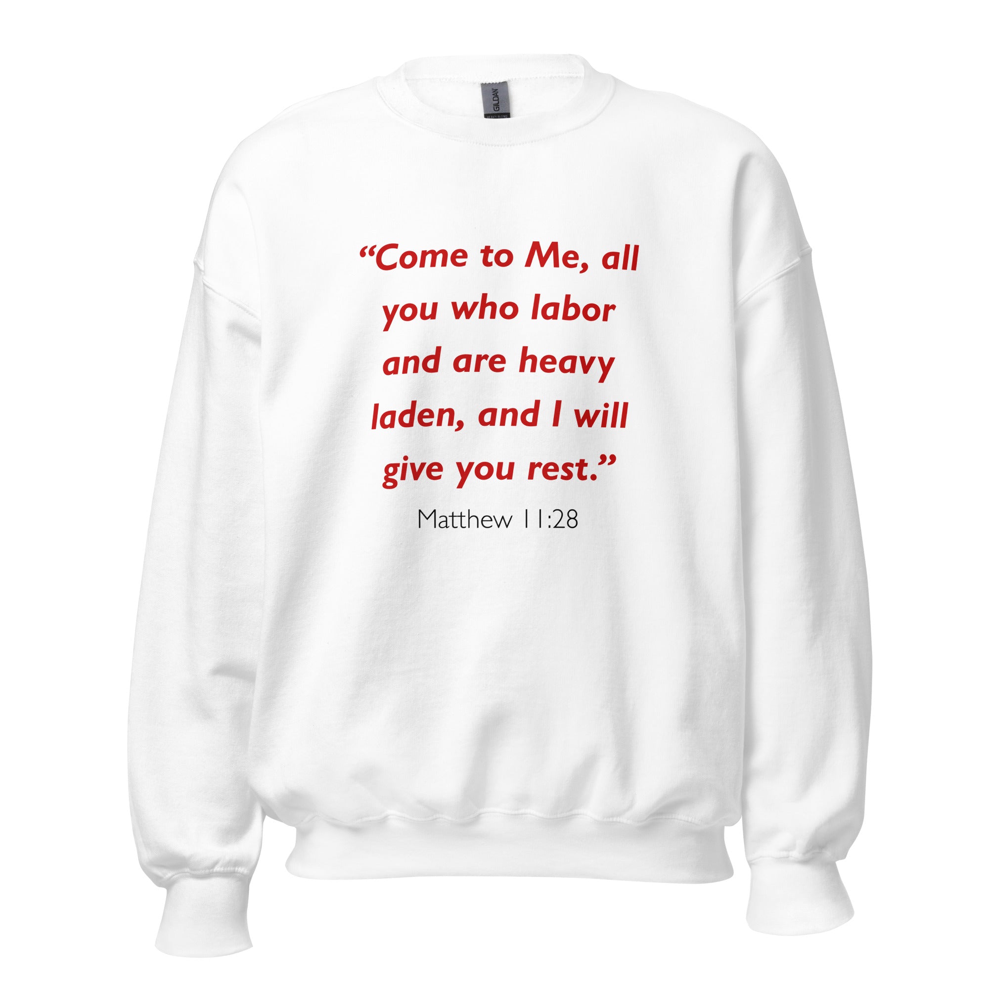 Unisex navy blue sweatshirt with Matthew 11:28 Bible verse printed in red text on front