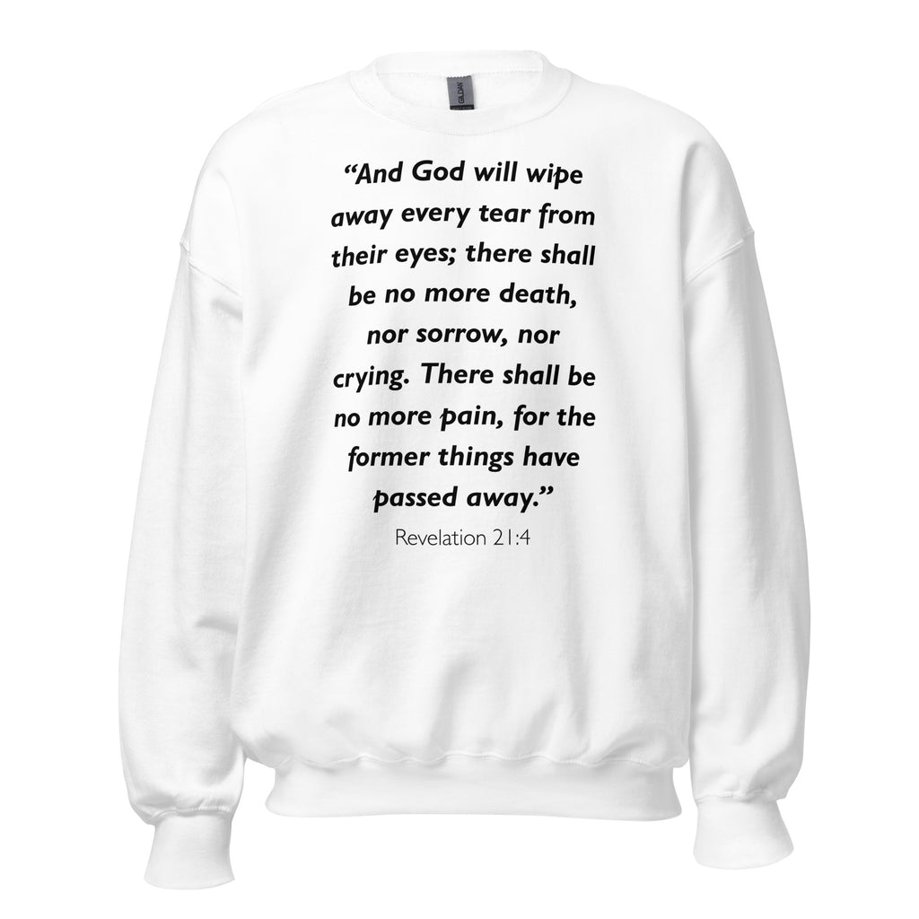 Unisex navy blue sweatshirt with Revelation 21:4 Bible verse printed in black text on front