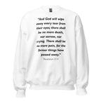 Unisex navy blue sweatshirt with Revelation 21:4 Bible verse printed in black text on front