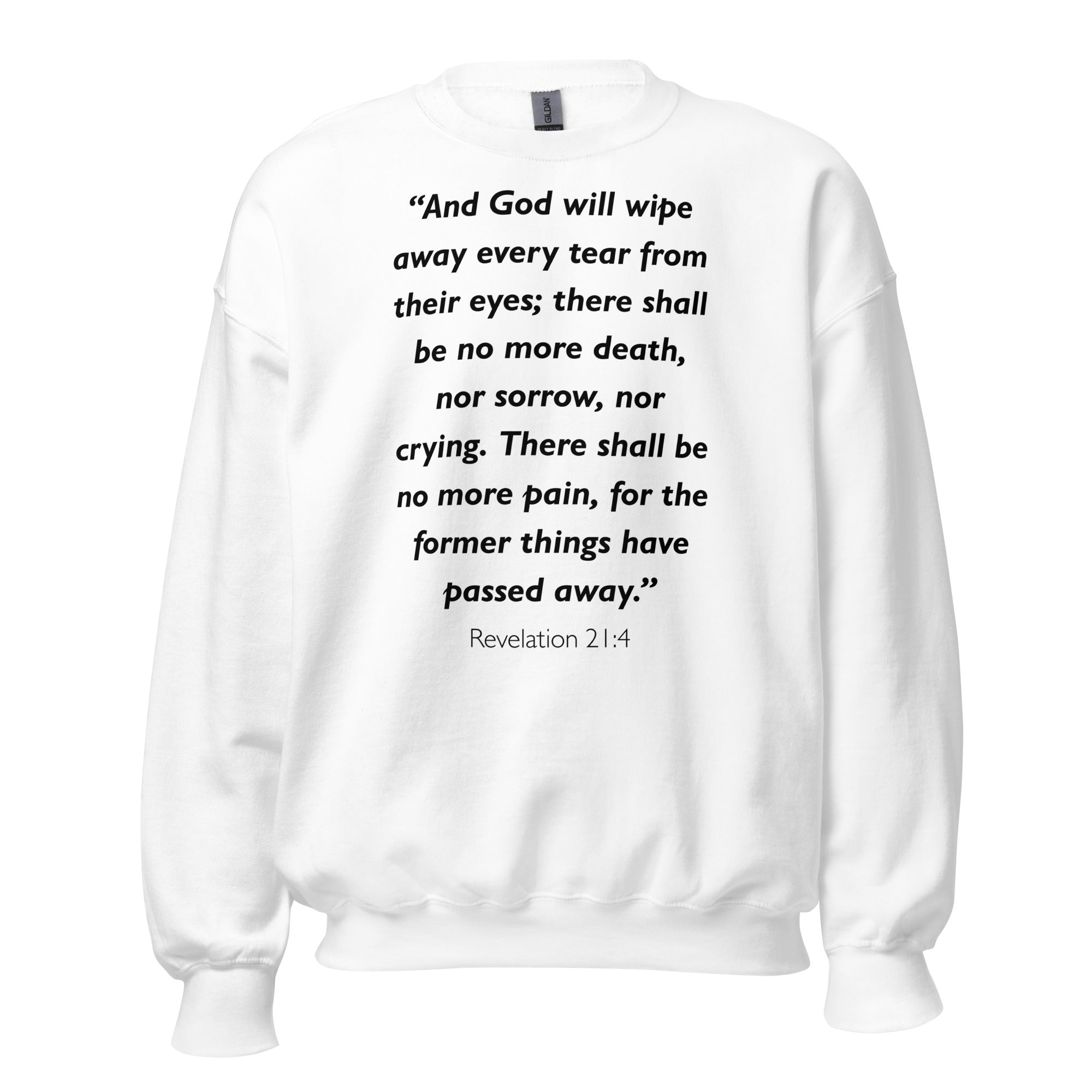 Unisex navy blue sweatshirt with Revelation 21:4 Bible verse printed in black text on front