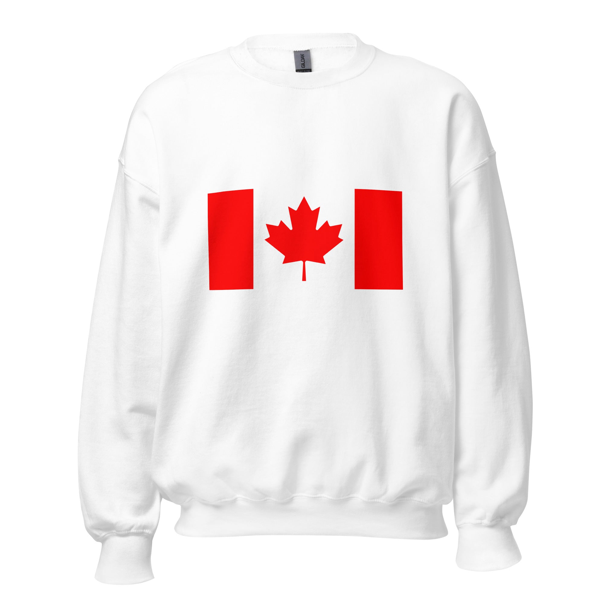 Unisex white sweatshirt featuring Canadian flag design printed across the front chest