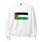 Unisex navy blue sweatshirt featuring Palestinian flag design printed across the front chest