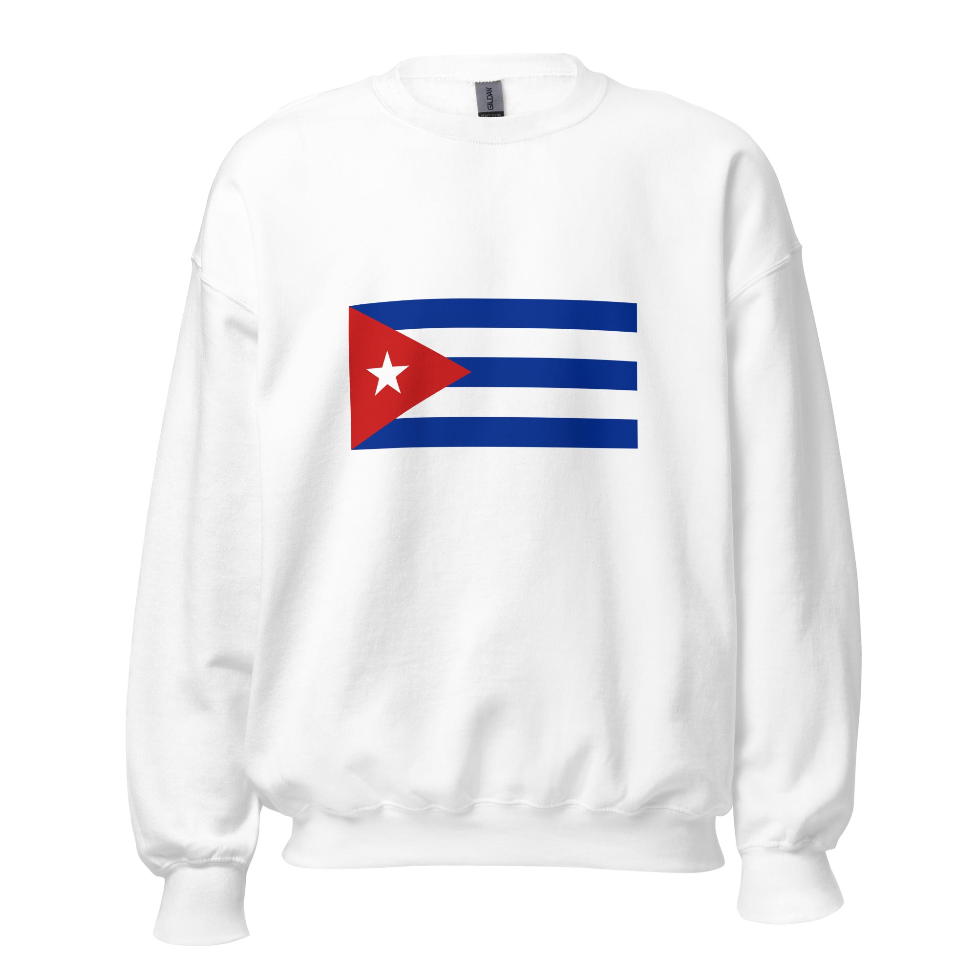 Unisex navy blue sweatshirt featuring Cuban flag design printed across the front chest