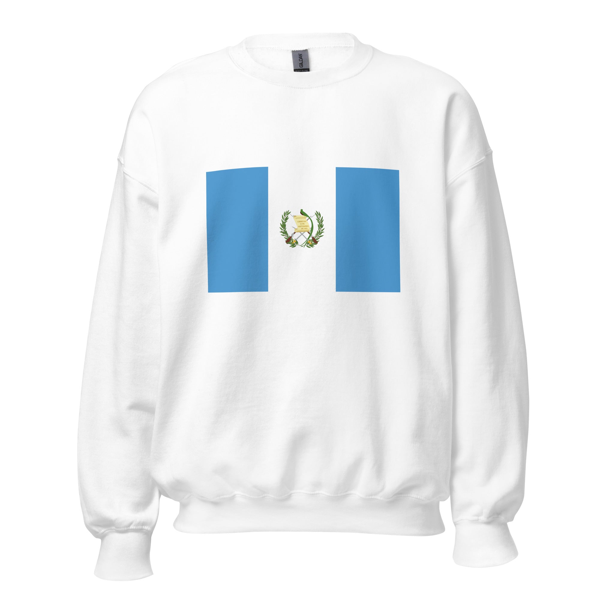 Unisex navy blue sweatshirt featuring Guatemalan flag design printed across the front chest