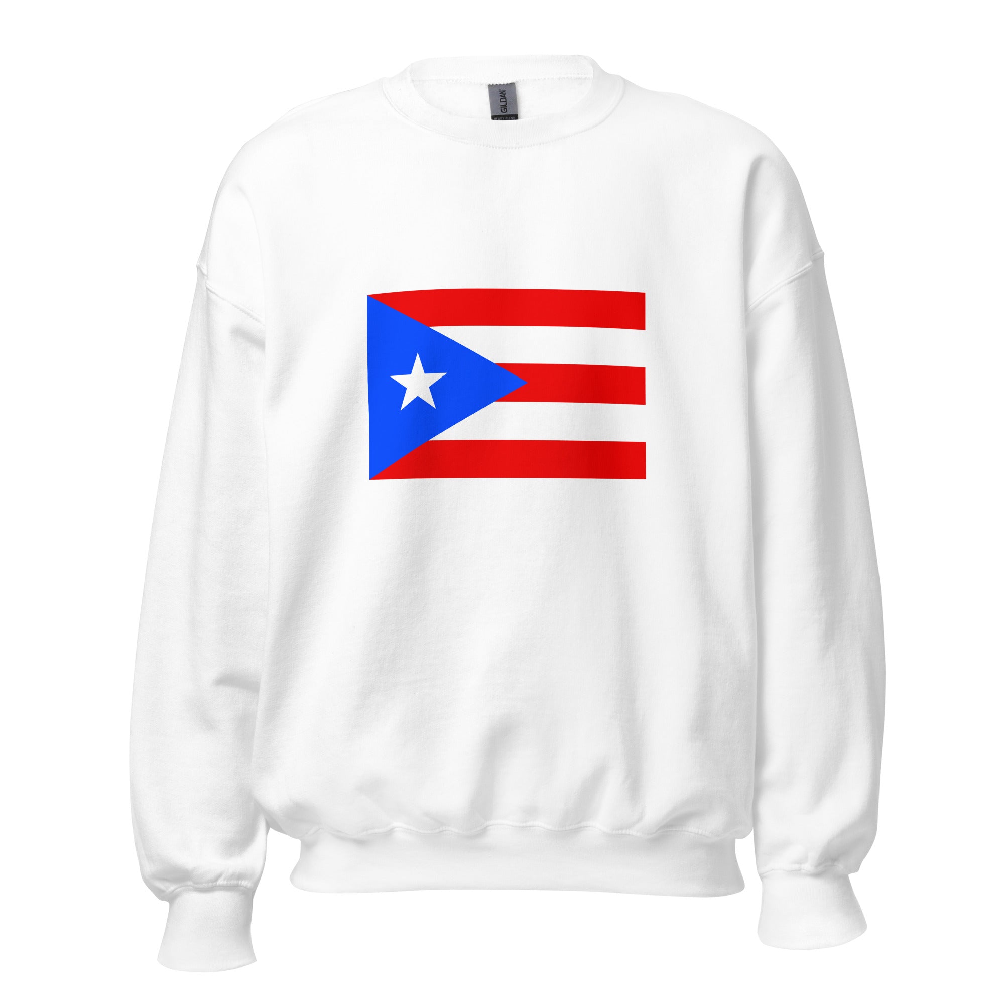 Unisex navy blue sweatshirt featuring Puerto Rican flag design printed across the front chest