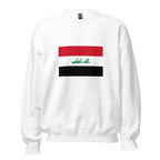 Unisex navy blue sweatshirt featuring Iraqi flag design printed across the front chest