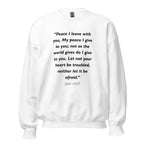 Unisex heather gray sweatshirt with John 14:27 Bible verse printed in black text on front