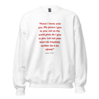 Unisex black sweatshirt with John 14:27 Bible verse printed in red text on front