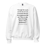 Unisex black sweatshirt with Lamentations 3:22-23 Bible verse printed in black text on front