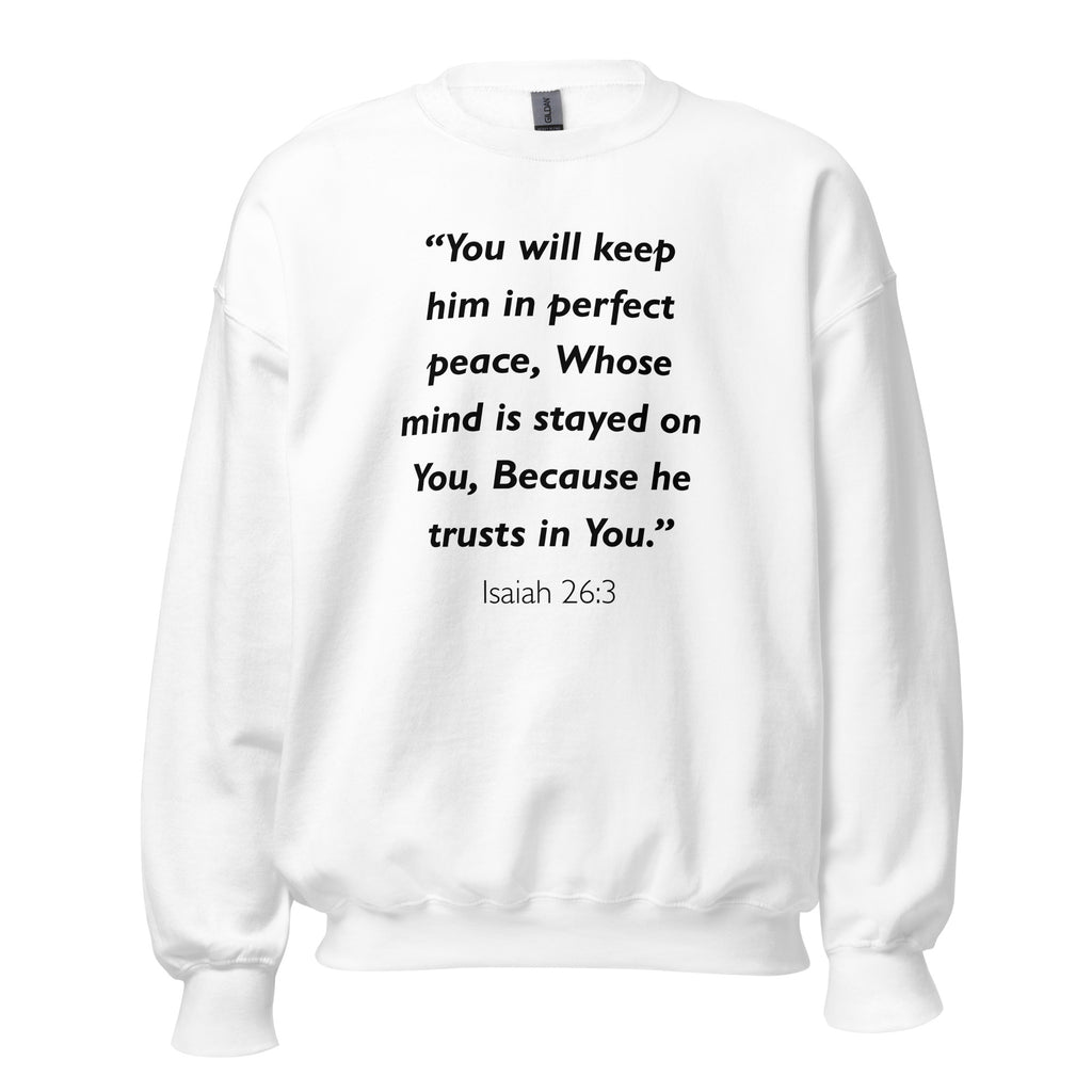Unisex navy blue sweatshirt with Isaiah 26:3 Bible verse printed in black text on front