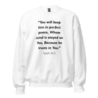 Unisex navy blue sweatshirt with Isaiah 26:3 Bible verse printed in black text on front