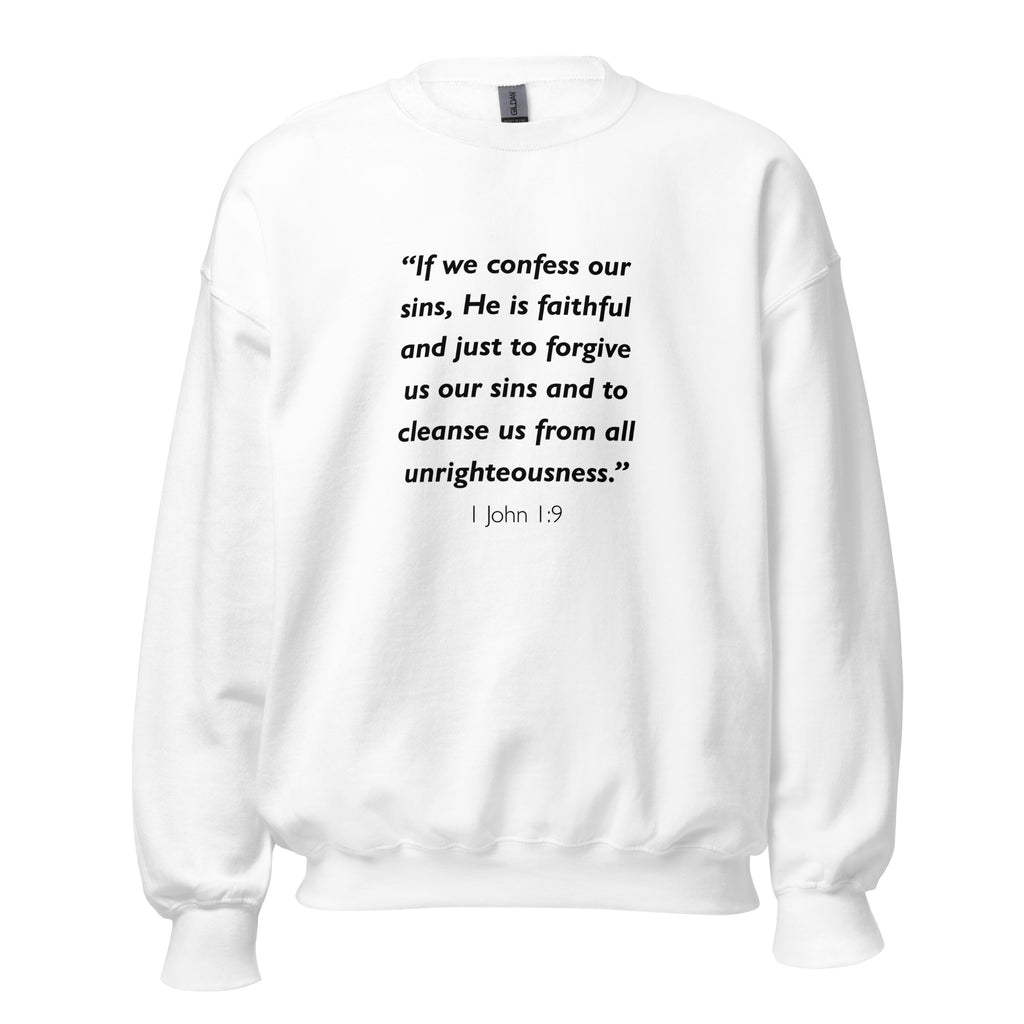 Unisex black sweatshirt with 1 John 1:9 Bible verse printed in black text on front