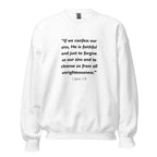 Unisex black sweatshirt with 1 John 1:9 Bible verse printed in black text on front