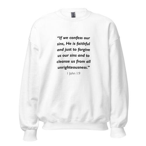 Unisex black sweatshirt with 1 John 1:9 Bible verse printed in black text on front