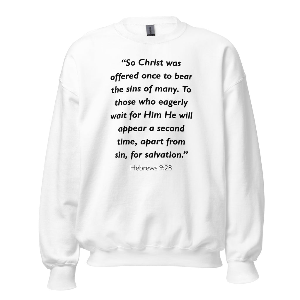 Unisex navy blue sweatshirt with Hebrews 9:28 Bible verse printed in black text on front