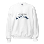 Unisex navy blue sweatshirt featuring University of Melbourne logo printed across the front chest