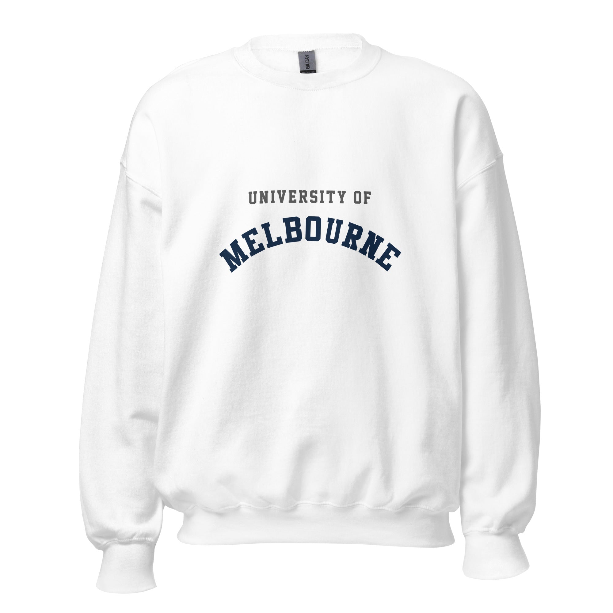 Unisex navy blue sweatshirt featuring University of Melbourne logo printed across the front chest