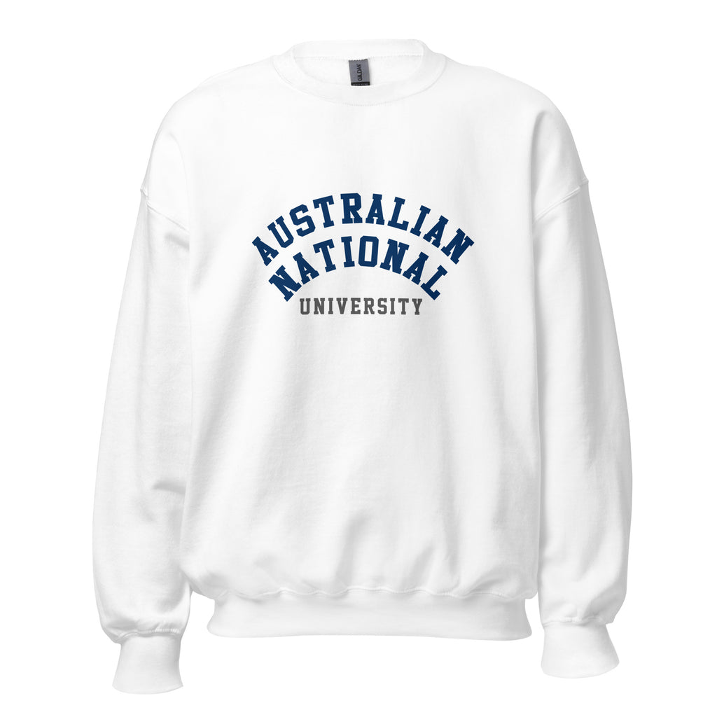 Unisex navy blue sweatshirt featuring Australian National University logo printed across the front chest