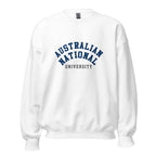 Unisex navy blue sweatshirt featuring Australian National University logo printed across the front chest
