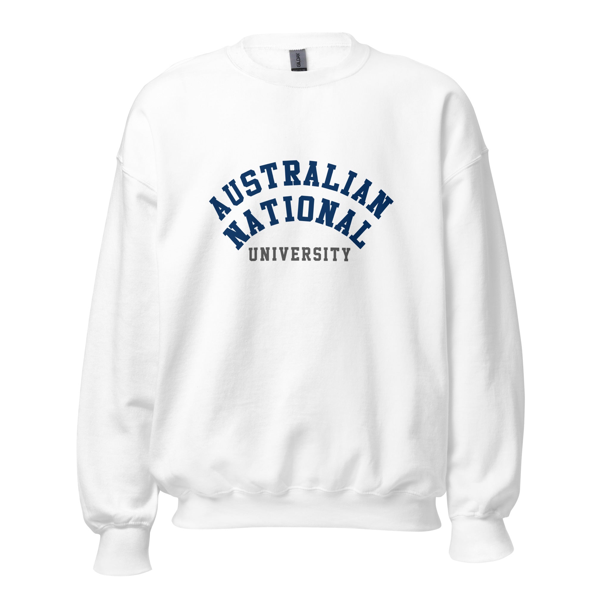 Unisex navy blue sweatshirt featuring Australian National University logo printed across the front chest